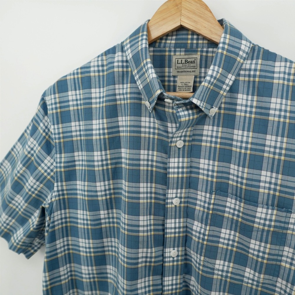 LL Bean Button Down Shirt Mens L Tall Blue Plaid Short Sleeve Traditional Fit